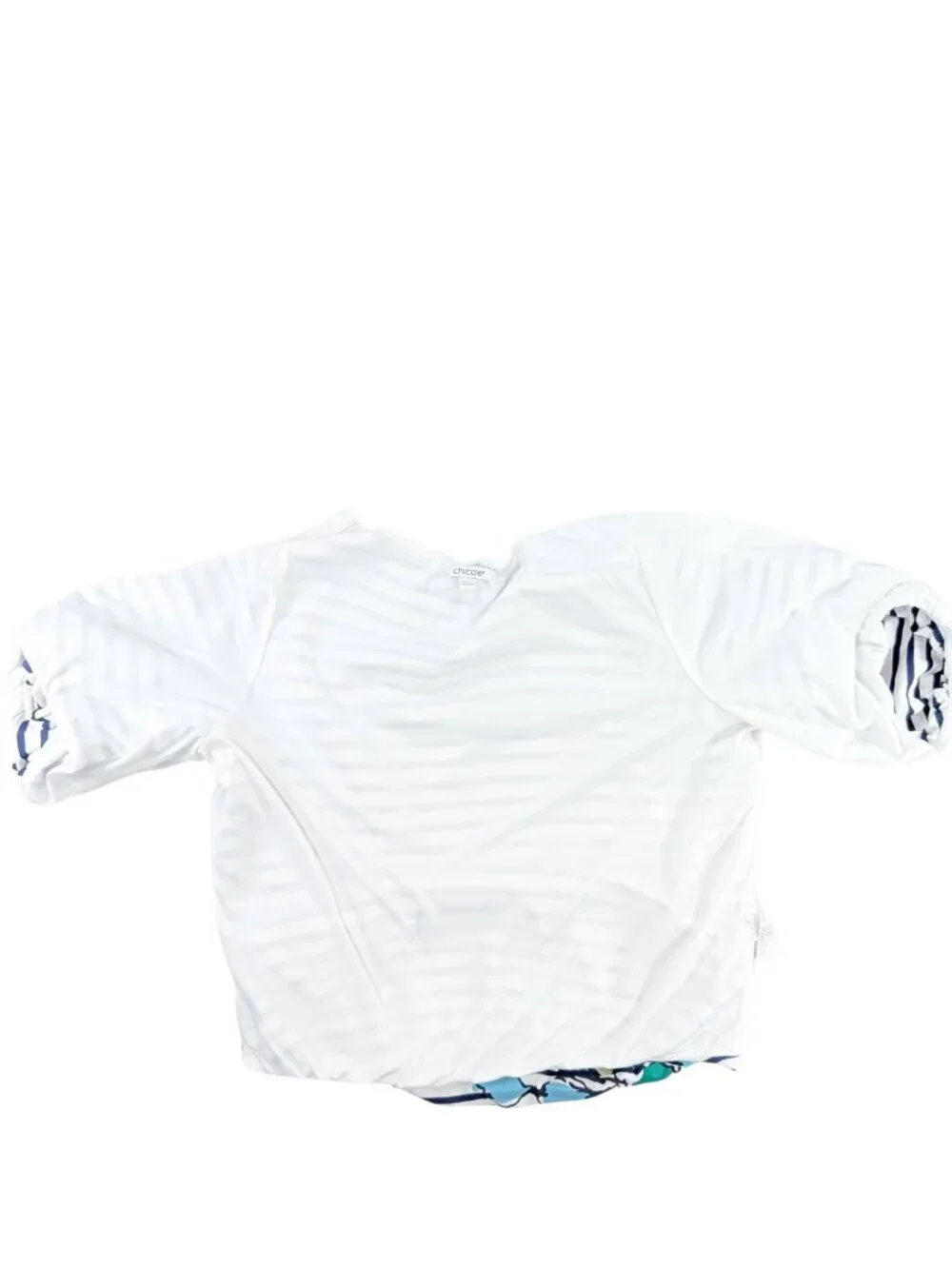 Chico's 2 Large Navy White Stripe Floral Embroidered Lined 3/4 Sleeve Top